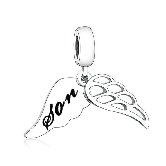 Sterling Silver Son Engraved Angel Wings Dangle Charm