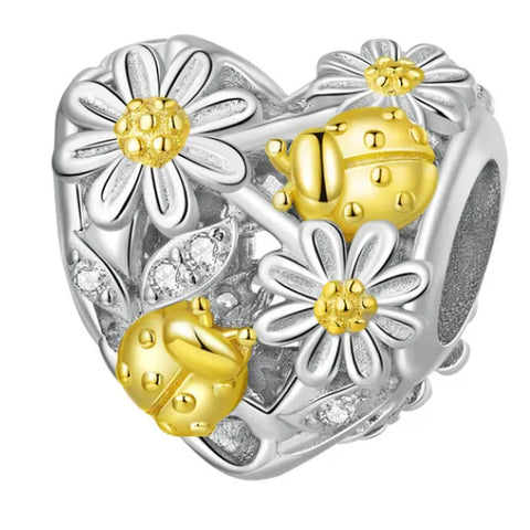  Sterling Silver Sunflower & Ladybug Gold Heart Charm