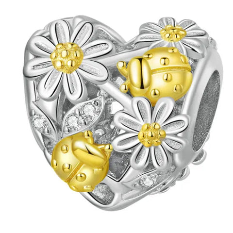 Sterling Silver Sunflower & Ladybug Gold Heart Charm - Sterling Silver Sunflower & Ladybug Gold Heart Charm