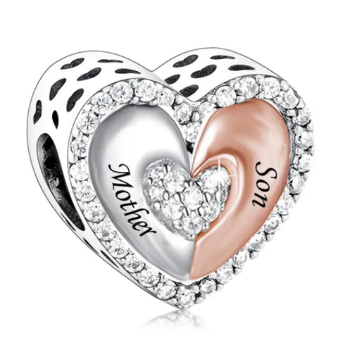 Sterling Silver Two Tone Mother & Son Heart Charm - Sterling Silver Two Tone Mother & Son Heart Charm