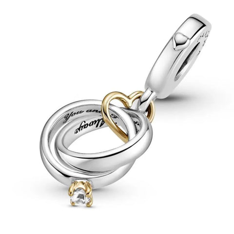 Sterling Silver Two Tone Wedding Rings Dangle Charm - Sterling Silver Two Tone Wedding Rings Dangle Charm