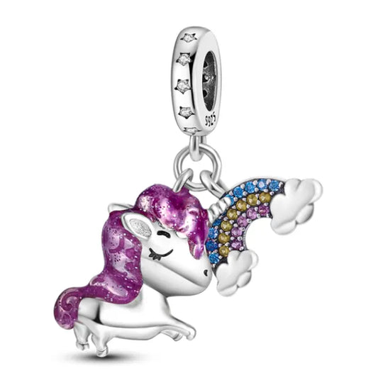  Sterling Silver Unicorn & Rainbow Dangle Charm
