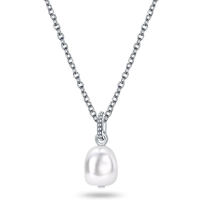 Silver pearl pendant necklace on a delicate chain, perfect for minimalist.