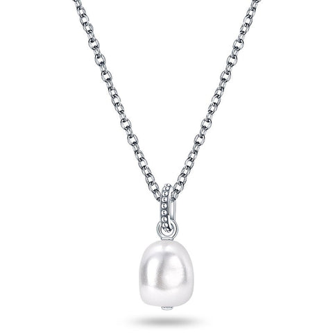 Silver pearl pendant necklace on a delicate chain, perfect for minimalist.
