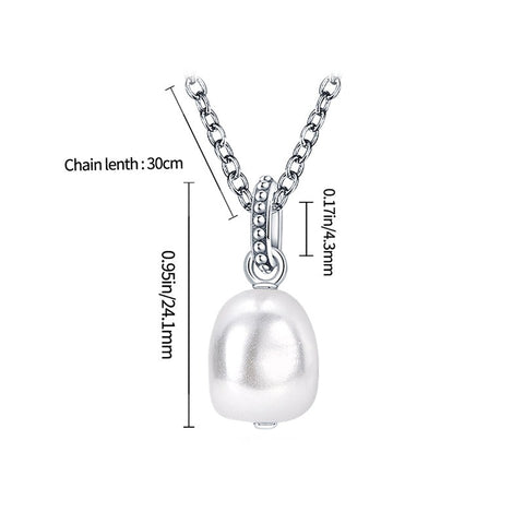 Detailed image of a silver necklace with a pearl pendant, including dimensions and chain length of  cm.