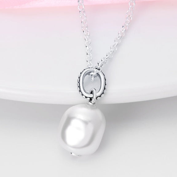 Minimalist Silver Pearl Pendant Necklace for Women - Silver necklace with a pearl pendant displayed on a white background, highlighting the elegance of the jewelry piece.