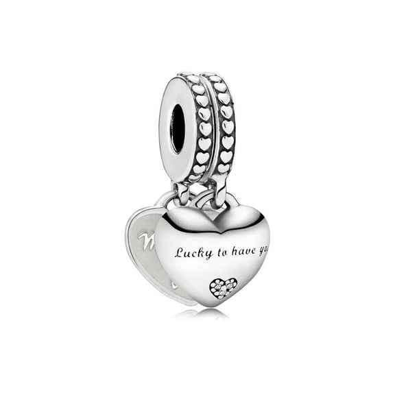 Lucky to Have You Heart Charm with Engraving in Sterling Silver - Silver lucky heart charm engraved with "Lucky to have you," featuband a sparkling crystal.