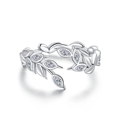 Sterling Silver Leaf Open Ring with Diamond Accents