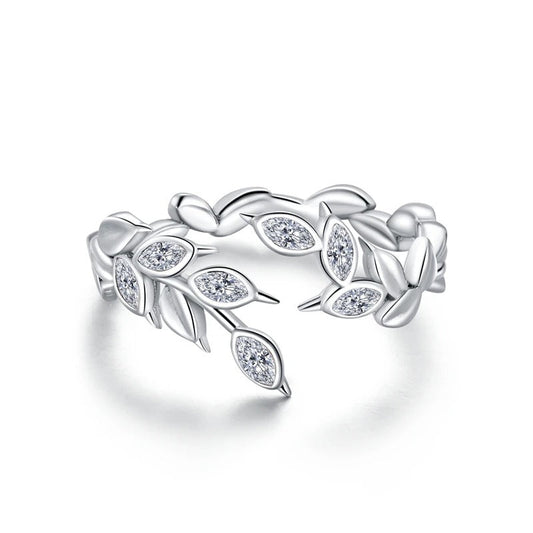 Sterling Silver Leaf Open Ring with Diamond Accents