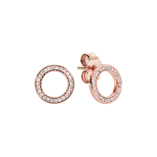 Rose gold circle stud earrings with cubic zirconia accents and push-back closure