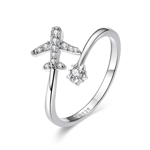 Airplane star silver Adjustable Ring - Travel Enthusiast's Dream - Airplane and star silver Adjustable Ring - Travel Enthusiast's Dream