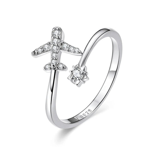 Airplane and star silver Adjustable Ring - Travel Enthusiast's Dream
