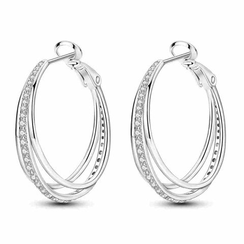 Sterling silver triple band hoop earrings with sleek design.