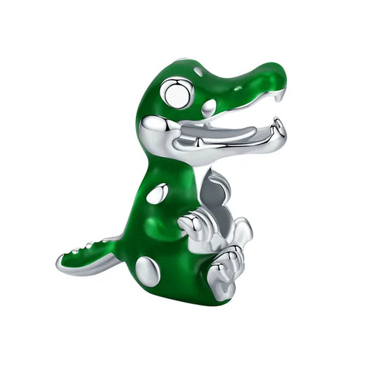 Sterling silver and green enamel dinosaur charm designed to for Pandora bracelets.