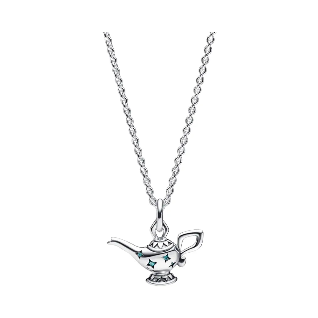 Pandora Genie Lamp charm with teal accents in sterling silver.