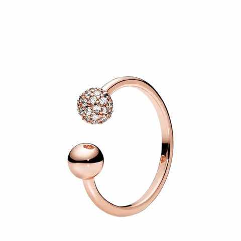 Rose Gold Polished & Pave Bead Open Ring - Rose Gold Polished & Pave Bead Open Ring