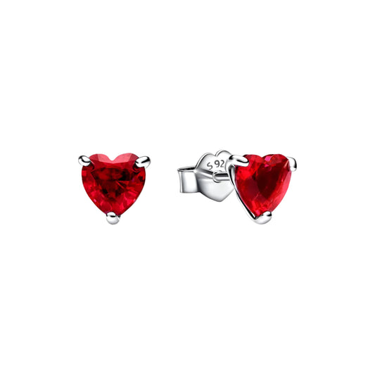 Red heart-shaped stud earrings in sterling silver with push-back closure