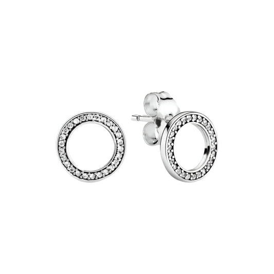 Sterling silver round stud earrings with pave crystals, featuring a timeless and elegant design.