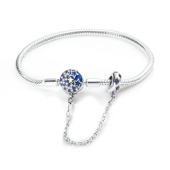 Celestial Stars Sterling Silver Snake Chain Charm Bracelet - Celestial stars sterling silver snake chain charm bracelet with star and moon clasp