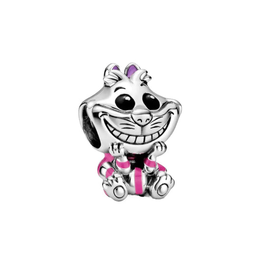 Sterling silver Cheshire Cat charm with pink enamel stripes, fitting Pandora bracelets