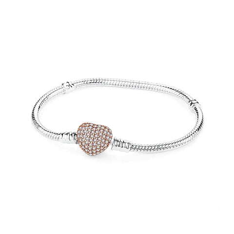 Sterling Silver Snake Chain Bracelet Rose Gold Pave Heart Charm - Sterling Silver Snake Chain Bracelet with Pave Heart Charm