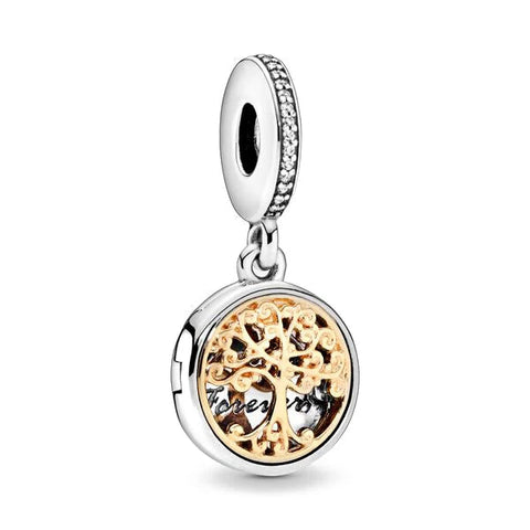 Forever Family Tree Charm Gold Accents and Crystals in Sterling Silver - Sterling silver family tree charm with gold accents, crystal details, and "Forever" inscription.