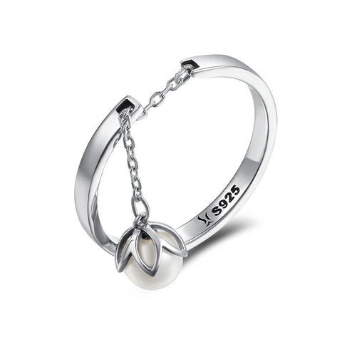 Silver Pearl flower Drop Adjustable Ring - Open Ring - Silver Pearl flower Drop Adjustable Ring - Open Ring