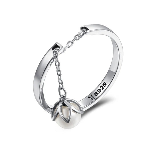 Silver Pearl flower Drop Adjustable Ring - Open Ring