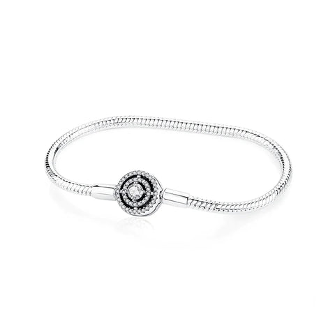 Sterling Silver Snake Chain Bracelet round Charm - Sterling Silver Snake Chain Bracelet with Rose Charm