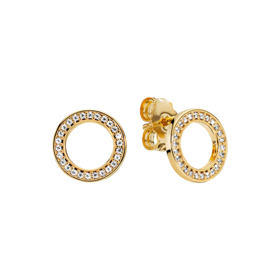 Gold Circle Stud Earrings with Pave Crystals - Gold circle stud earrings with pave crystals, featuring a classic design and luxurious sparkle.