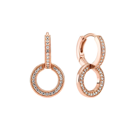 Rose Gold Double Circle Drop Earrings Pave Crystals - Rose gold double circle drop earbands with pave crystals, featuband an intricate.