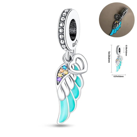 Angel Wing Charm with Heart for Pandora Bracelet - Sterling Silver and Enamel Bead - Angel wing charm with turquoise enamel and heart accent, adorned with crystals.