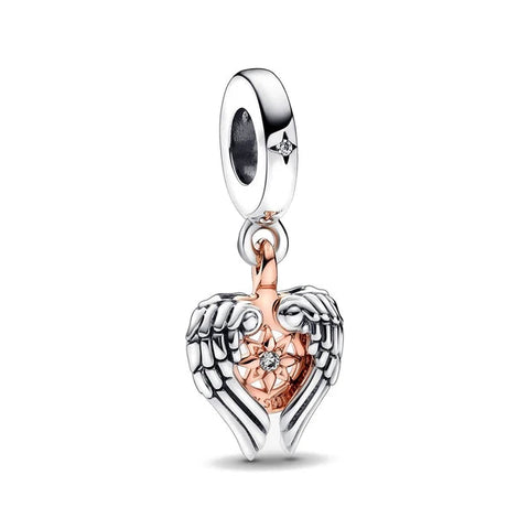 Angel Wings Heart Charm with Rose Gold Accents - Angel Wings Heart Charm with Rose Gold Accents
