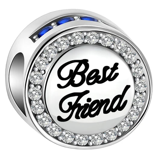 Best Friend Charm with Crystals in Sterling Silver - Sterling silver best friend charm with clear and blue crystals.