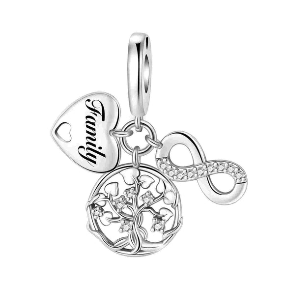 Family Tree and Infinity Charm with Crystals in Sterling Silver - Sterling silver charm featuband a heart engraved with "Family," a tree of life,.