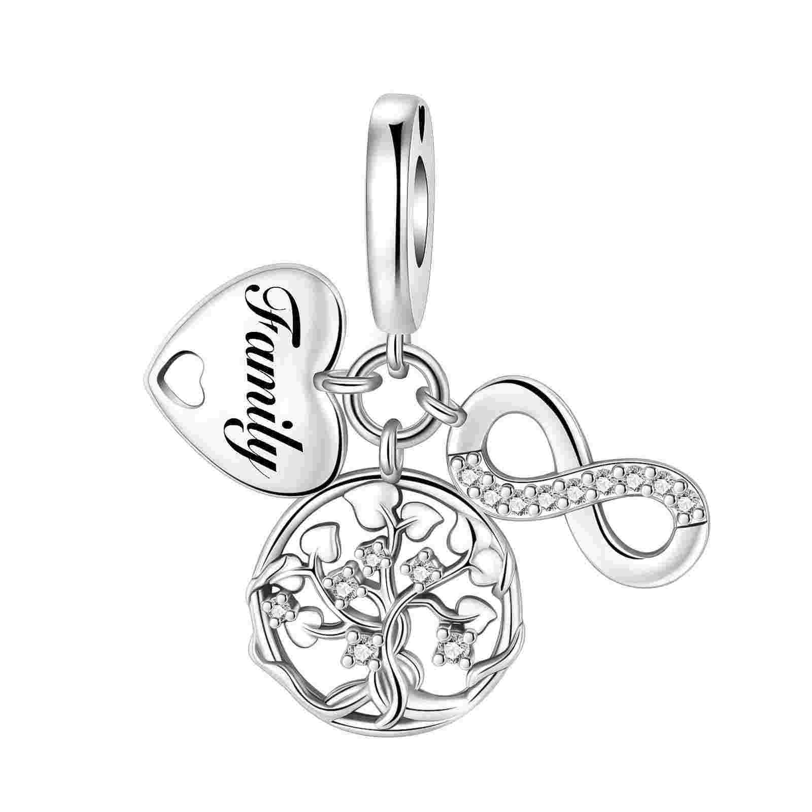 Sterling silver charm featuband a heart engraved with "Family," a tree of life,.