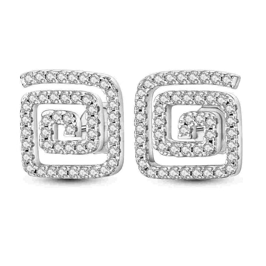 Sterling silver square spiral stud earrings with a modern design.