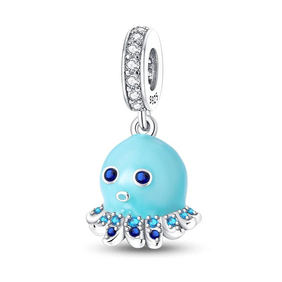 Aqua Octopus Charm with Blue Crystals in Sterling Silver - Sterling silver octopus charm with aqua enamel and blue crystal eyes.