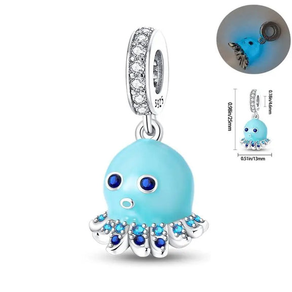 Aqua Octopus Charm with Blue Crystals in Sterling Silver - Aqua octopus charm with blue crystals and sterling silver bale.