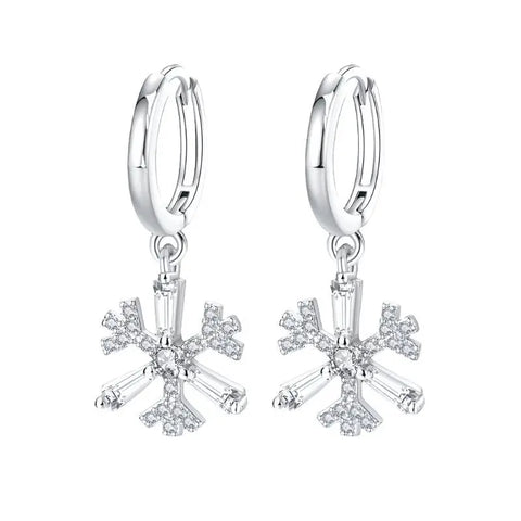 Elegant Silver Flower Drop Earrings Clear Crystals - Elegant silver flower drop earrings with clear crystals on a white background.