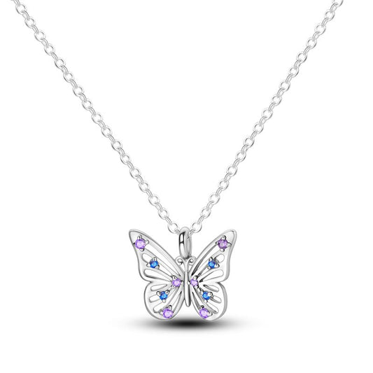 Sterling Silver Butterfly Necklace with Purple and Blue Crystal Accents - Delicate.