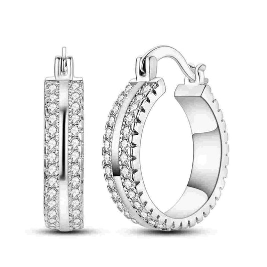 Sterling silver double row pave hoop earrings with sparkling stones.