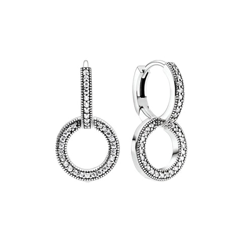 Double Circle Drop Earrings Pave Crystals Sterling Silver - Double circle drop earbands with pave crystals in sterling silver.
