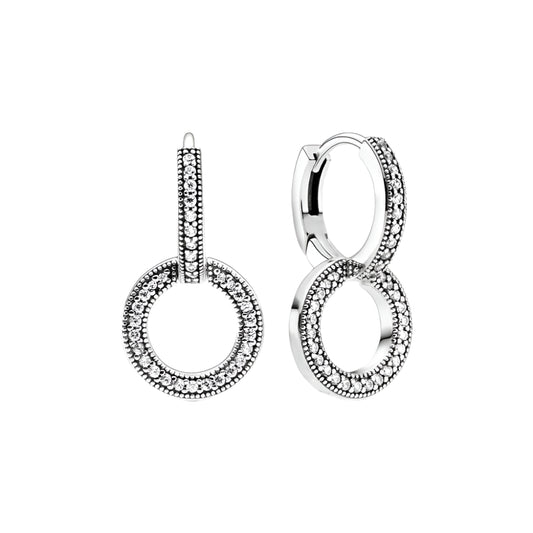 Double circle drop earbands with pave crystals in sterling silver.
