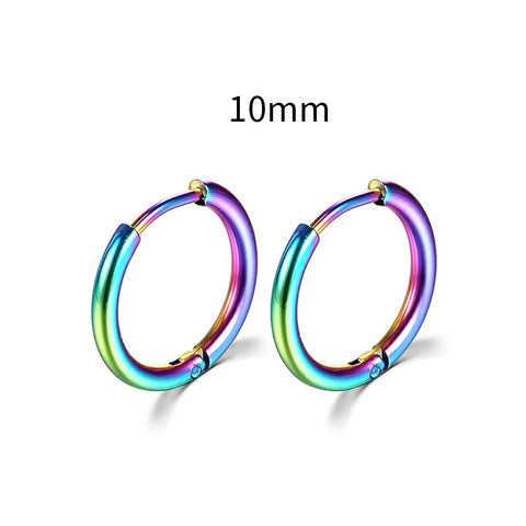 Vibrant Rainbow Hoop Earrings Bold Look - Eye-catching mm rainbow-colored hoop earrings with a seamless clasp, showcasing a vibrant and smooth metallic finish.