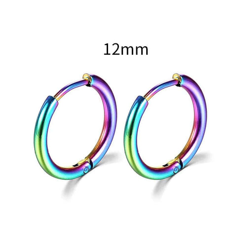 Vibrant Rainbow Hoop Earrings Bold Look - Stunning mm rainbow-colored hoop earrings, featuring a seamless clasp and a smooth metallic finish in vibrant hues.