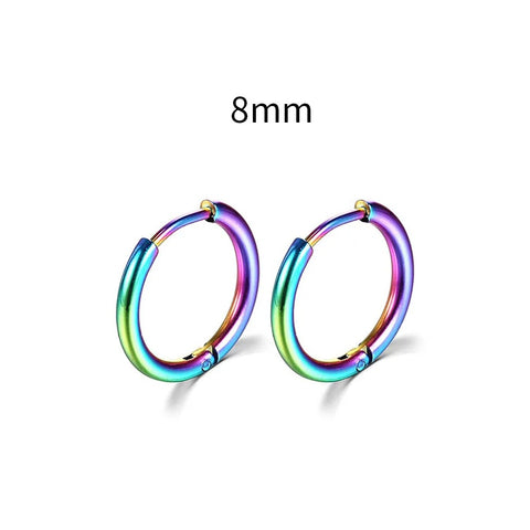 Vibrant mm rainbow-colored hoop earrings with a seamless clasp, displaying a smooth and colorful metallic finish.