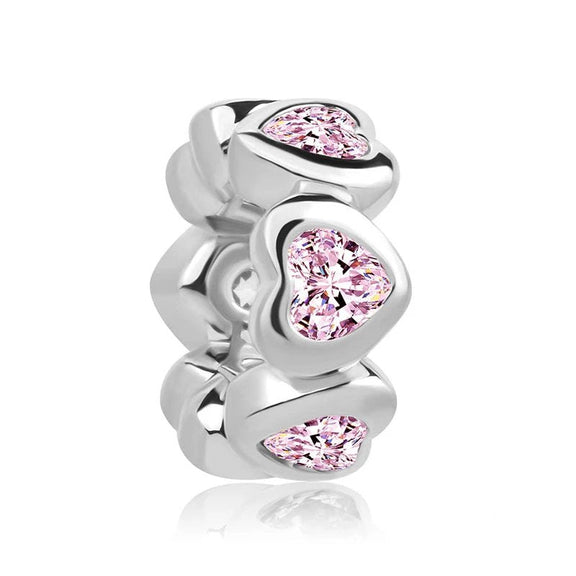 Pink Heart Crystal Spacer Charm in Sterling Silver - Sterling silver spacer charm with pink heart-shaped crystals.