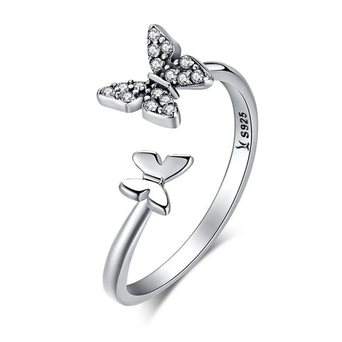 Silver Double Butterfly Open Ring Diamond Accents - Silver Double Butterfly Open Ring with Diamond Accents