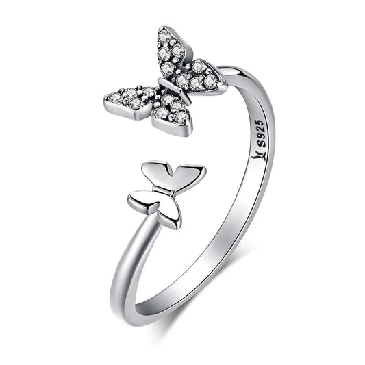 Silver Double Butterfly Open Ring with Diamond Accents